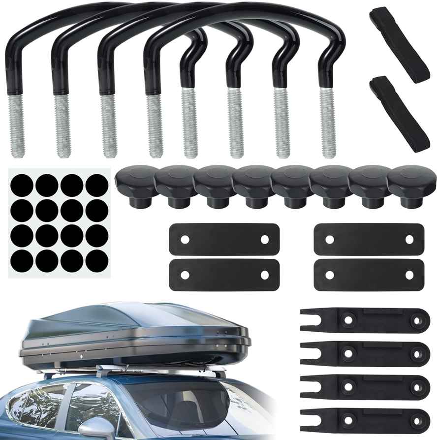  yeesport 4 PCS Roof Box U-Bolt Clamps - Universal Metal Rooftop Cargo Carrier Rack Bolts with 85mm Internal Width, Includes U-Bracket Clips and 8 Lock Nuts